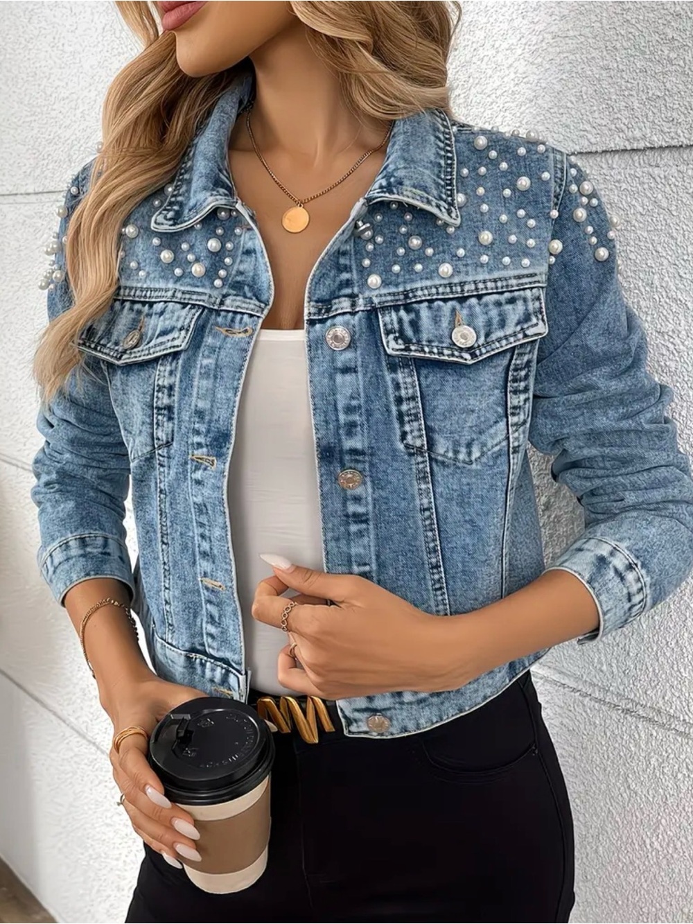 Pearl-Embellished Blue Denim Jacket - Women’s XL